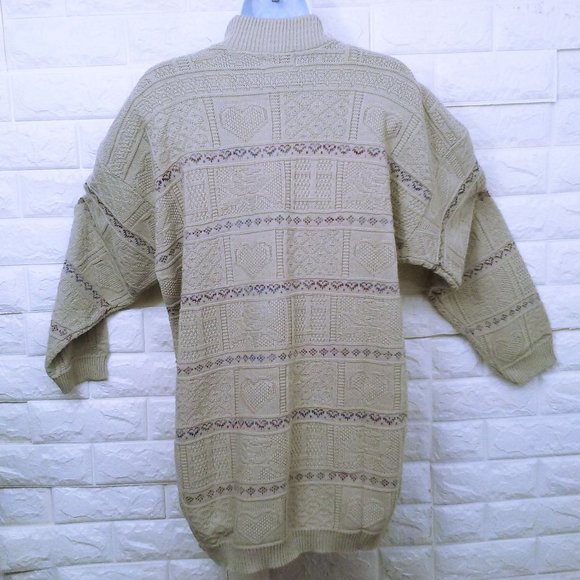 Vintage 80s Basic Editions Oversize Mockneck Tunic Sweater Lady-M Hearts Beige - Picture 8 of 9